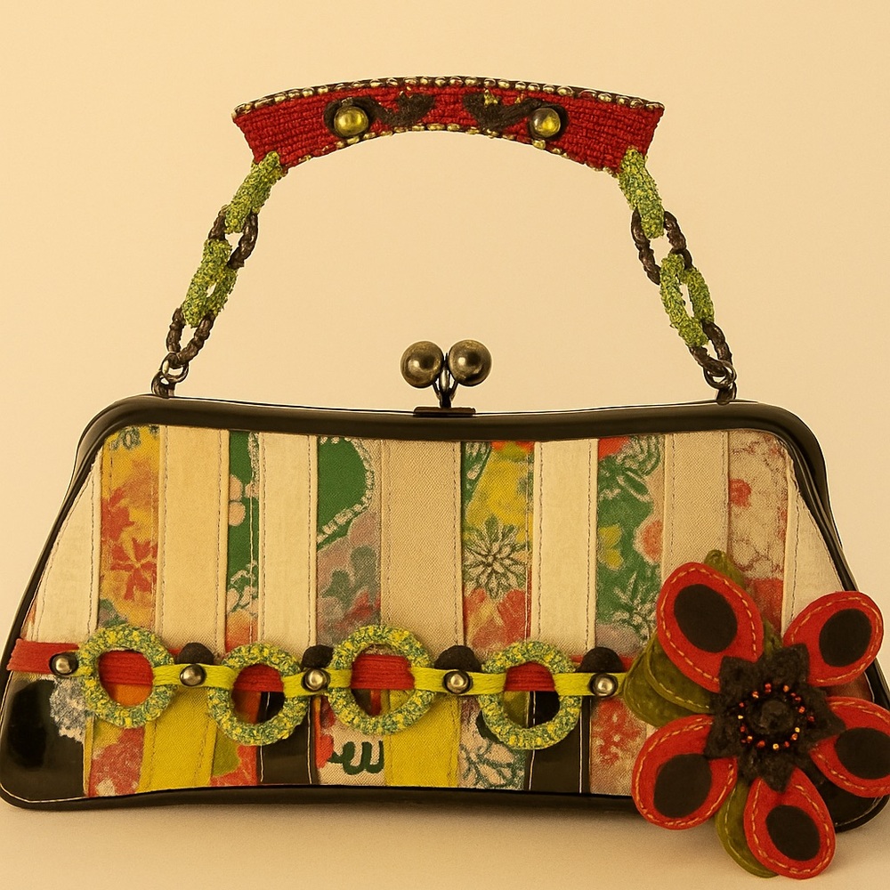 Mary Frances Vintage Patchwork Floral Beaded Handle Handbag